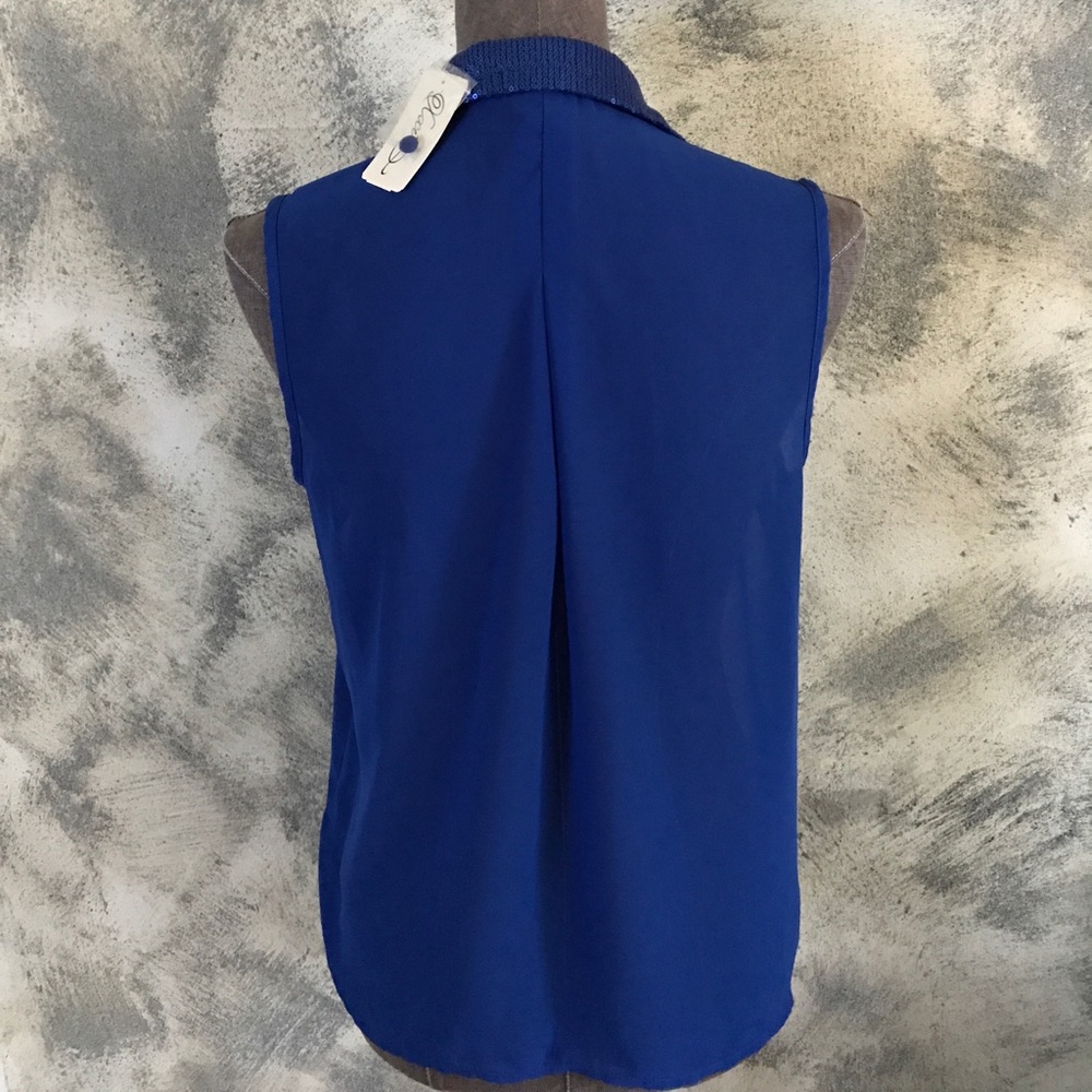 NWT Forever 21 Cobalt Blue Sequin Collar Sleeveless Button Down Blouse S - Picture 4 of 7